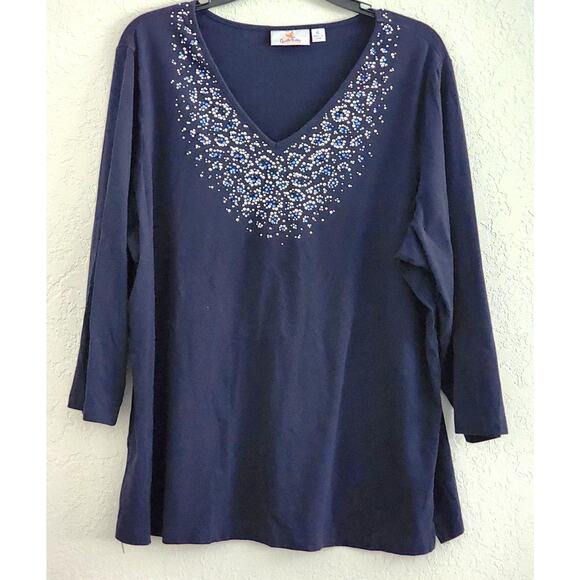 TOP/BLOUSE-QUACKER FACTORY-Navy Blue-V-Neck-Rhinestones-Studs-3/4 Sleeve-XL - Picture 1 of 14